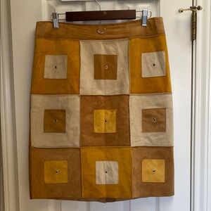 illia Patchwork Knee Length Suede Skirt in Brown and Tan